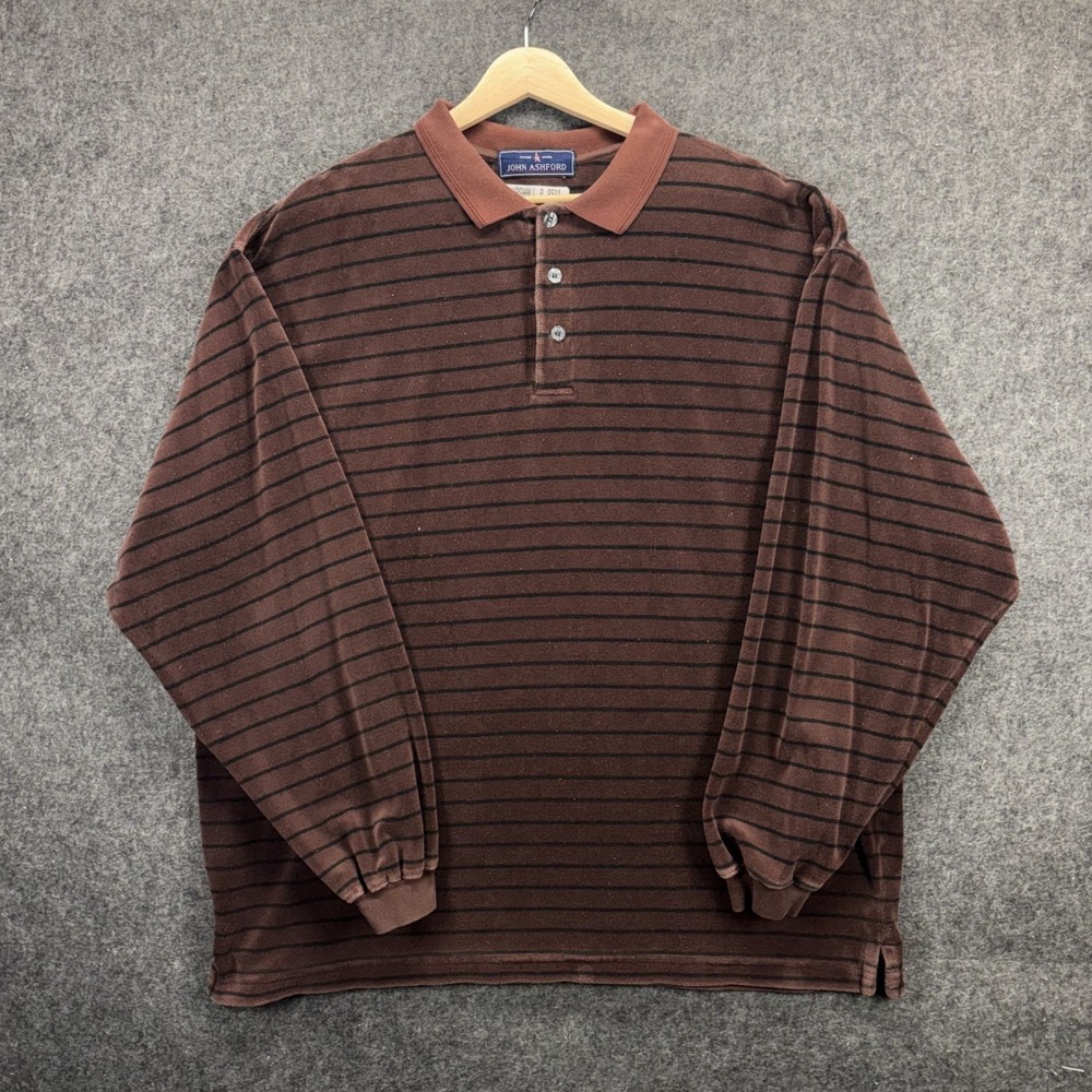 Vintage John Ashford Rugby Polo Shirt Men Large Long Sleeve Velour Brown Stripe